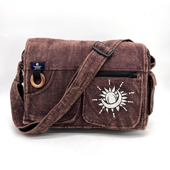 Koshi Brown Laptop Messenger Bag with Celestial Embroidery - Picture 2 of 10